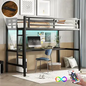 ARCH Metal Twin XL Loft Bed Frame with Power Outlet and LED Lights, Space-Saving Design, Noise Reduced, Black, for Kids Teens Adults, Dorm Room Bed, No Box Spring Needed, Bedroom Furniture for Bedroom, Guest Room, Kids Room, Teen Room