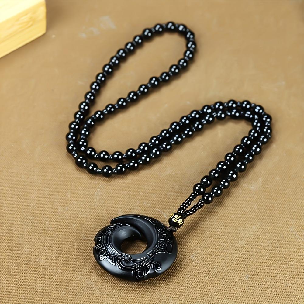 1 piece of obsidian pendant, unisex lucky necklace, elegant natural gemstone design, jewelry gift men's Iced Out Cubic Zirconia Eternity Band slip chain Hip Hop Crystal Vintage Black Bead Cross Versatile Communion Rosary Adjustable CowTag Initial link