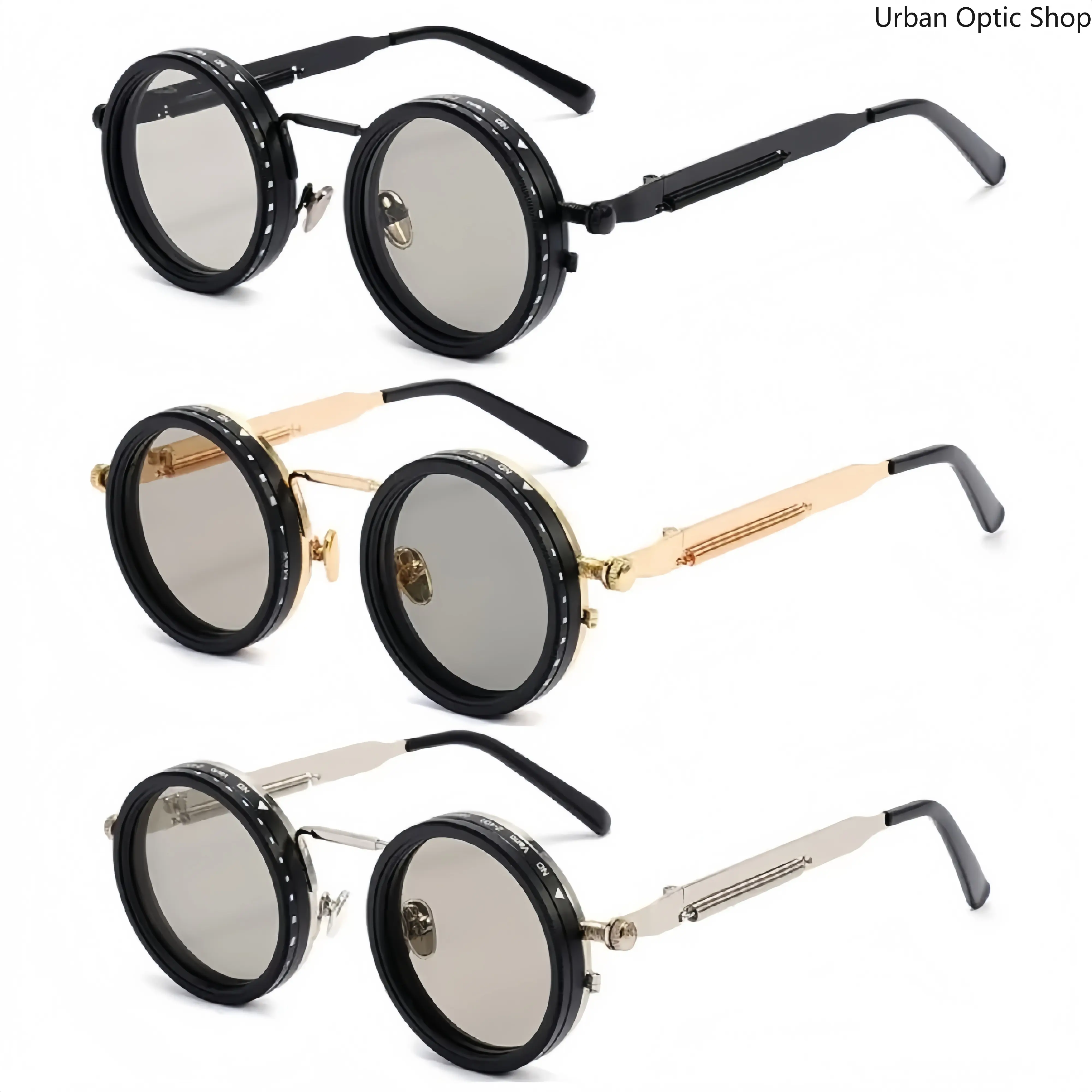 XUH 3-Pack Retro Round Punk Sunglasses, Adjustable Dimming 9-Level UV Protection Lightweight Unisex Shades for Men & Women, Daily Wear, Clubbing & Outdoor Activities