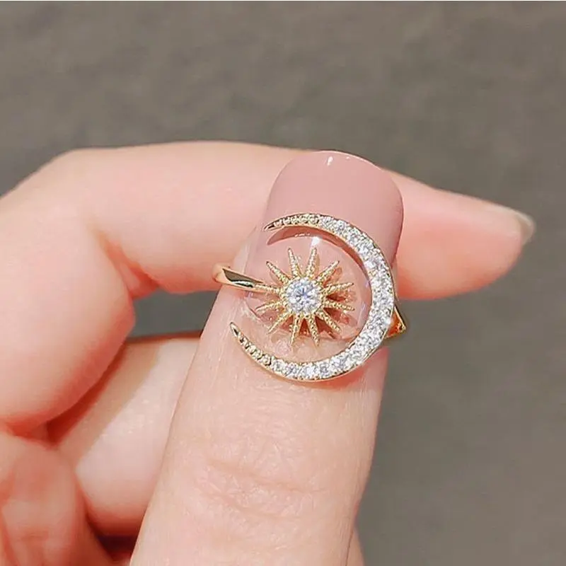 Female Sun Moon Rings with Cubic Zirconia Inlay, Elegant Stackable Adjustable Open Circle Band for Casual and Sports Wear, Elegant Ring, Synthetic Cz