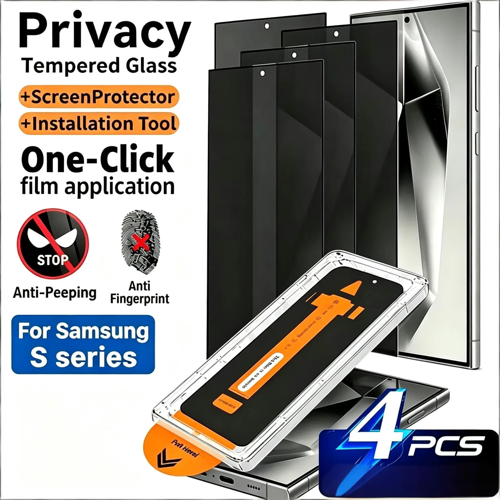 4-Pack Privacy Screen Protector, Instant Dust Removal, Fingerprint Unlock Compatible, for Samsung Galaxy S26/s25/s24/s23/s22 Series, Bubble-Free
