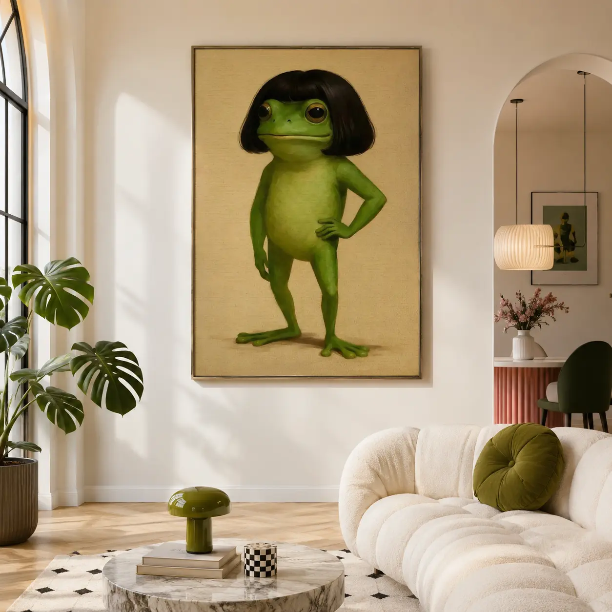 Whimsical Frog Portrait Canvas Poster Funny Animal Abstract  Mimalist Green  Funny Frog Poster Art Print Bob Haircut Kids Playroom Decor Frog Lover Gift Unique Wall Art quirky wall decor opossum humor artwork funny poster 24x  36 unique art decor poster