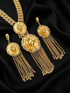 2PCS Floral Filigree Tassel Jewellery Gift Set 18K Gold Plated , Long Hollow Flower Pendant Necklace & Dangle Drop Earrings, Micro Pave Imitation Diamond, Hypoallergenic Tarnish Resistant African Bridal Wedding Party Jewelry For Women