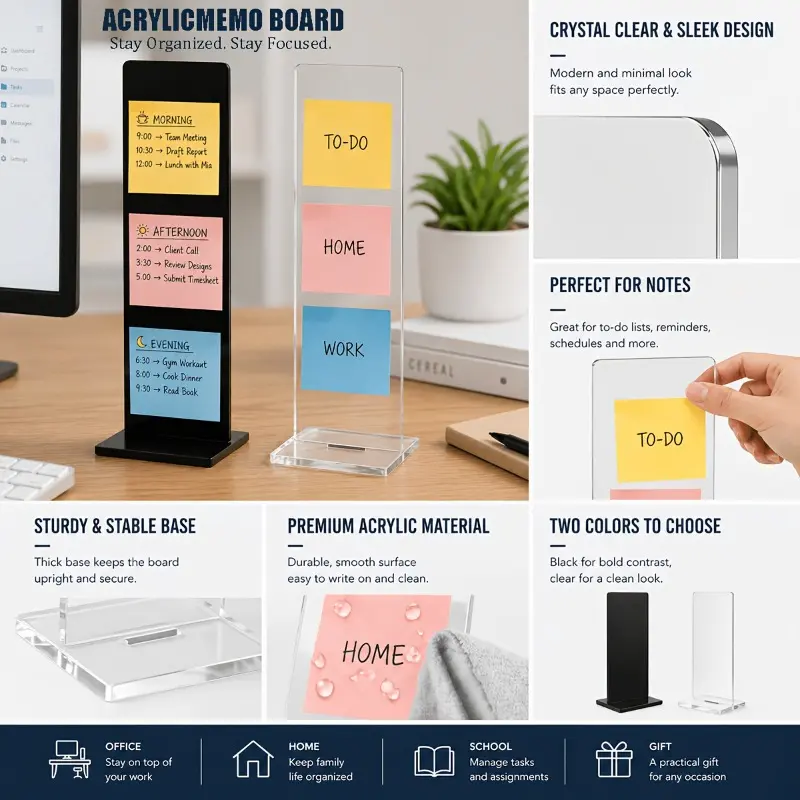 2 pcs Detachable Transparent Acrylic Memo Board with Holder, Side Computer Screen Note Clipboard, Black & Clear Two Colors Available, Office Desktop Accessory, Vertical Adhesive Note Display Stand
