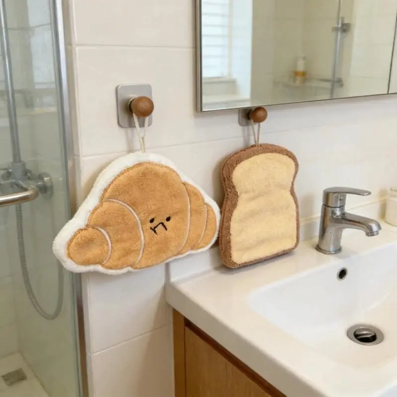 Hanging Thickened Super Absorbent Cartoon Bread Crochet Hand Towel Coral Velvet Small Square Towel Dual Use Bathroom Soft Towel