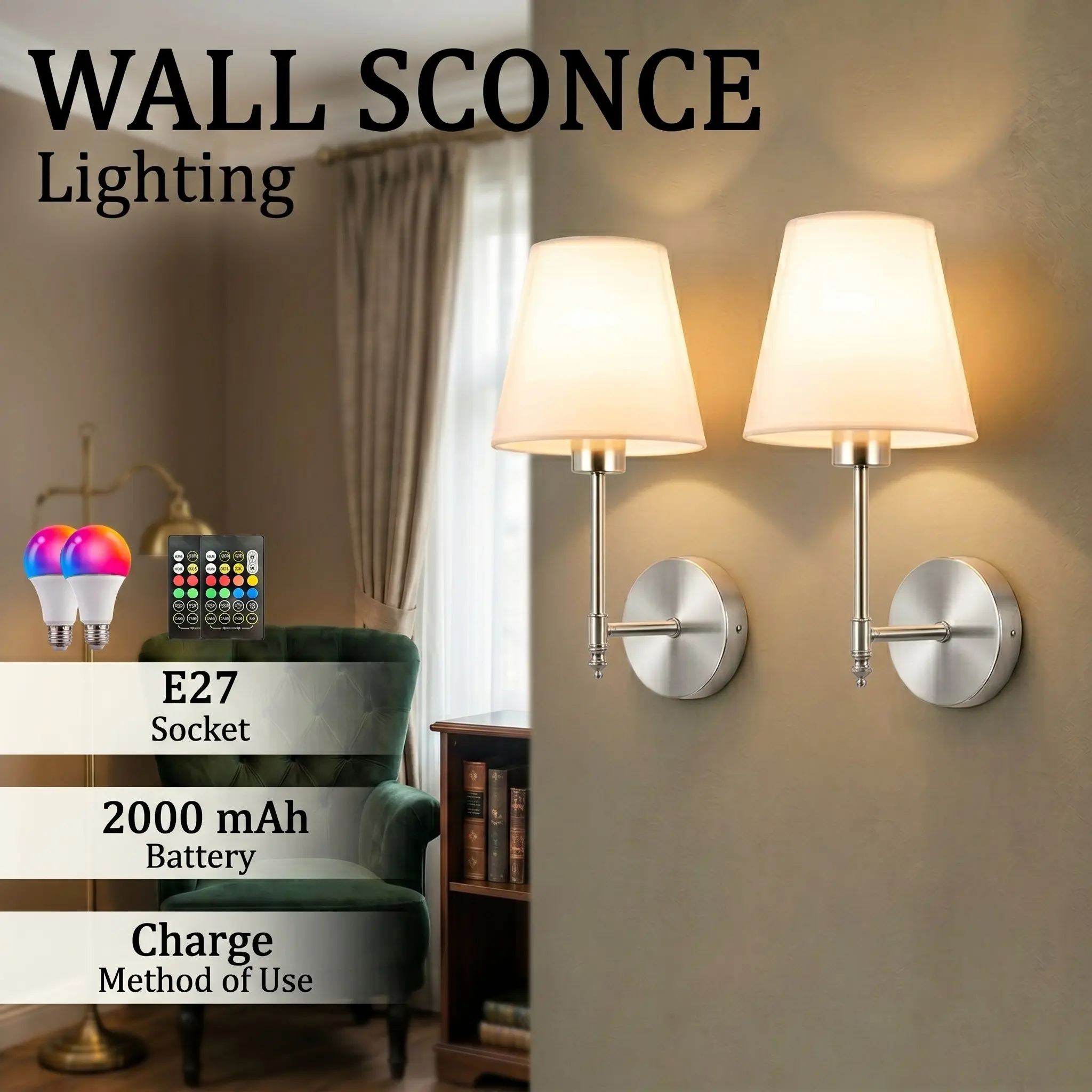 2pcs Rechargeable Wall Lamps, Vintage LED Fabric Wall Lights, RGB Remote Control Adjustable, No Wiring Installation, Indoor Home Decor, Dimmable Wall Sconce