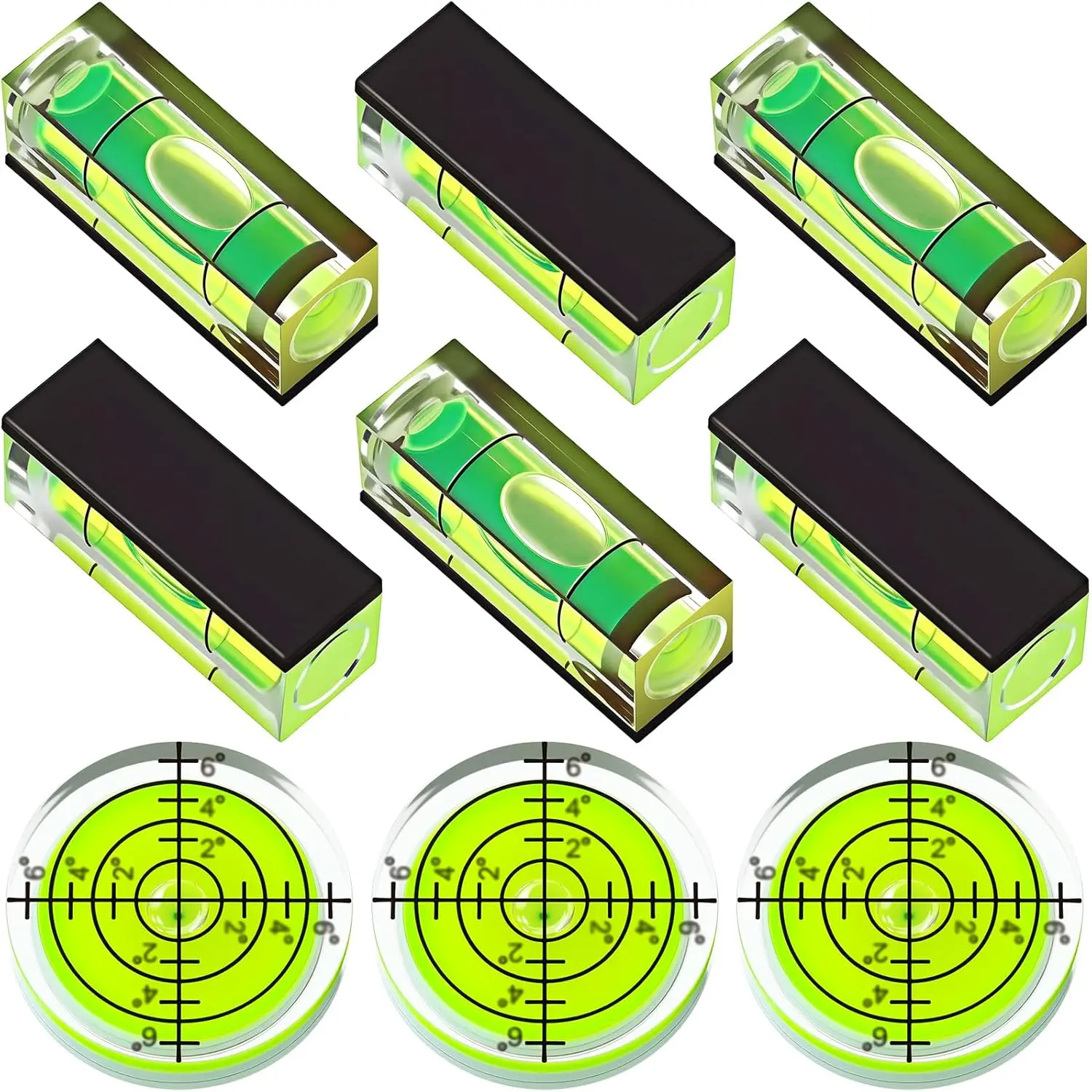 9 Pcs Small Bubble Spirit Level, Mini Magnetic Square Drill Bubble Levels, Circular Spirit Measuring Tool for Leveling Phonograph, Camera, Turntable, Tripod, Frame, Drill, 10x10x29mm, 32x7mm