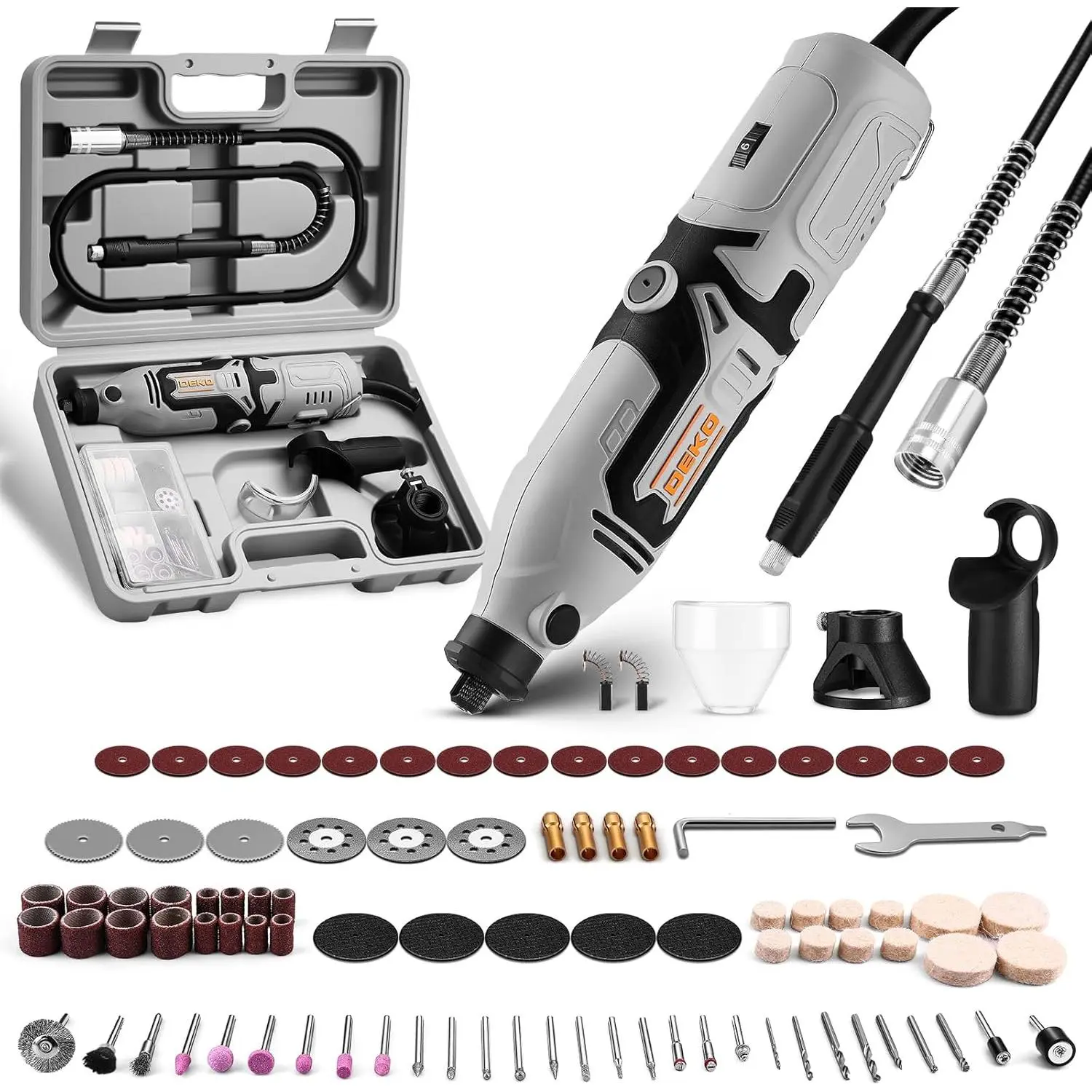 Tool Kit:1.4-Amp Hand with 6 Variable Speed, 127pcs Accessories, 8000~35000RPM Electric Machine Set with Flex Shaft for Carving, Cutting, Sanding Gray