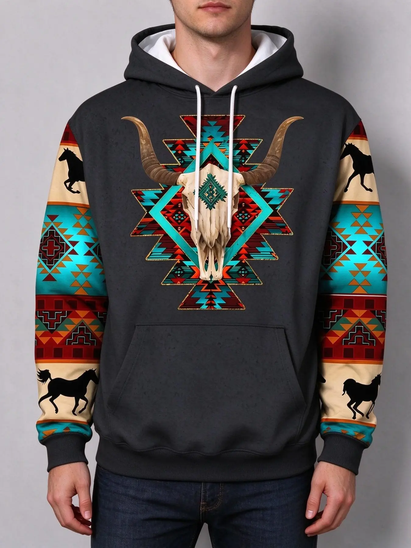 American Vintage Indian Tribe Style Men's Hoodie, Western Cowboy Bull Head Horse Pattern Sweatshirt, Retro Fashion Apparel