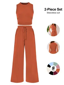 Women's Summer 2 Piece Loungewear Set, Cropped Tank Top & Wide Leg Sweatpants, Casual, Sleeveless, Loose-Fitting, All Seasons