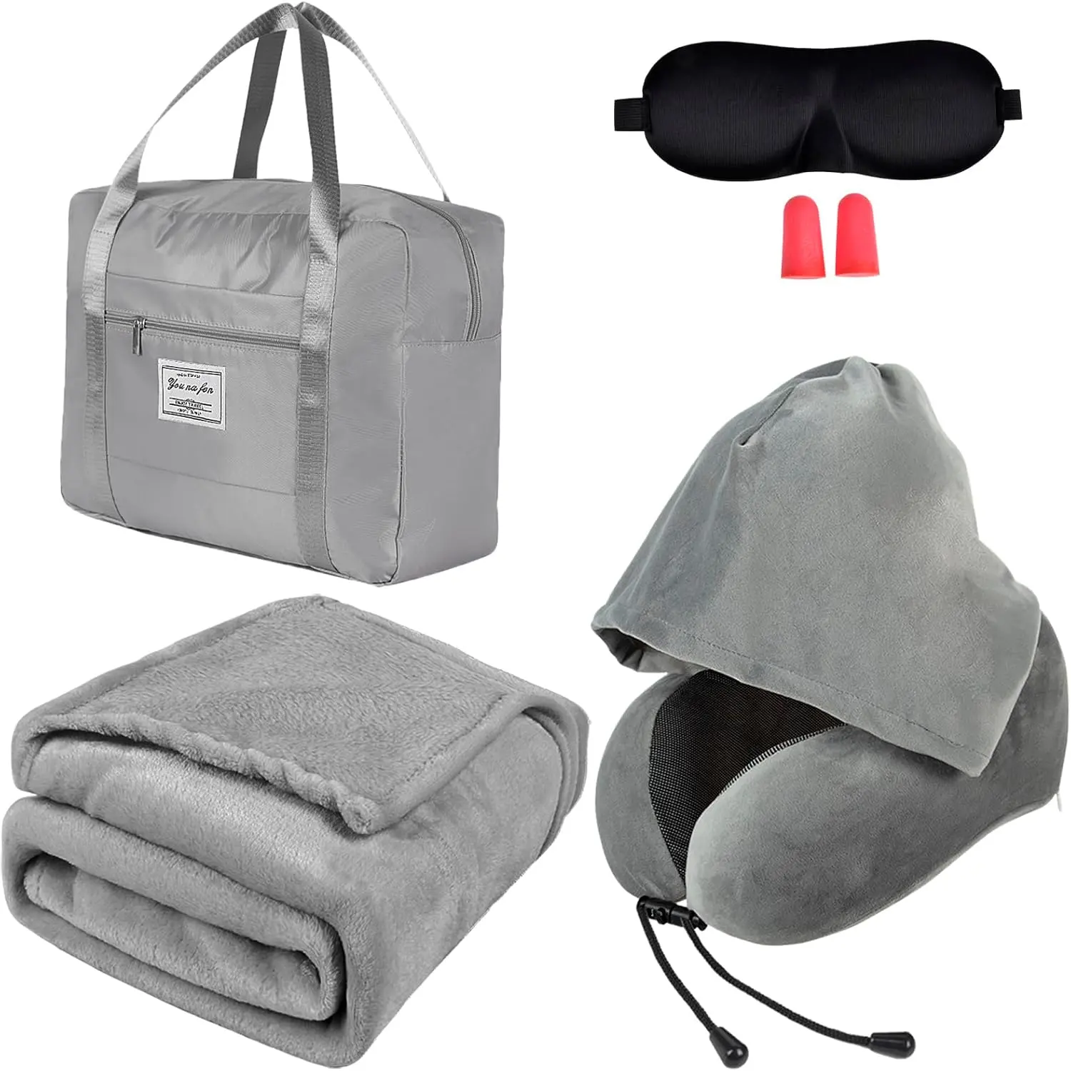 Travel Blanket Pillow Set - Travel  Pillow & Blanket for Airplane, Thick Fleece Plane Blanket, Hooded Memory   Pillows, Foldable Duffel Bag, Sleep Mask, Earplugs for Plane Traveling, Gray