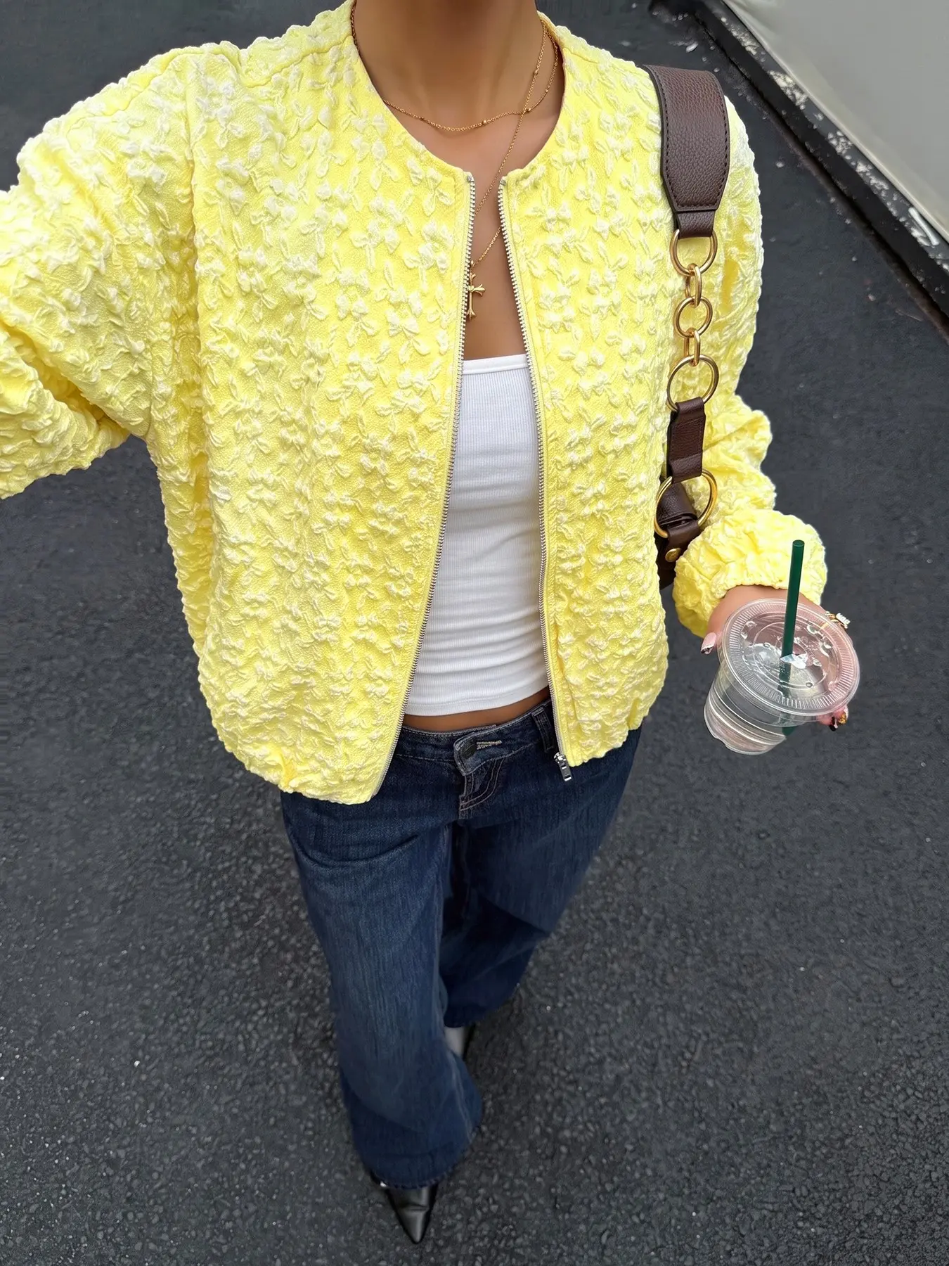 Women's Yellow 3D Floral Texture Zipper Jacket | Short, loose fit, perfect for everyday commuting, parties, outings, and styling in spring and autumn. A must-have trendy fashion piece #OOTD #StreetStyle #JacquardTextureJacket