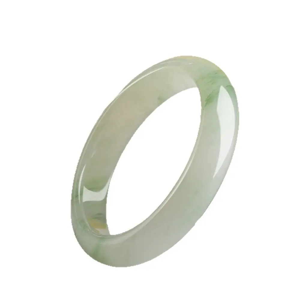 Natural Half-Mountain Half-Water Snow Jade Flat Bangle with Floating Flowers, Icy Tianshan Cui Bracelet for Women