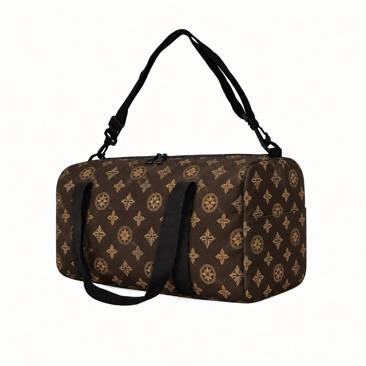 Dark Brown Medallion Weekender Bag for Men Women, Smooth Surface with Dual Carry Handles, Adjustable Shoulder Strap, Top Zip Closure, Twin Pulls and Side Pocket for Overnight Stays, Gym Sessions, Road Trips, Campus Use, City Commutes and Vacation Packing