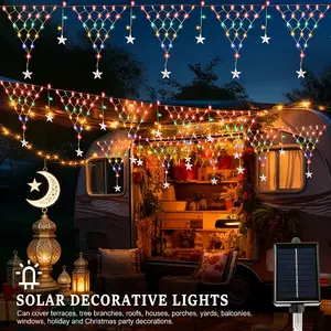 Solar Christmas Net Lights, 13.5ft 196 LED Waterproof Outdoor Christmas Decoration, 12 Stars 8 Modes and Remote Timer Curtain Fairy Lights, Balcony Fence Roof Holiday Decoration