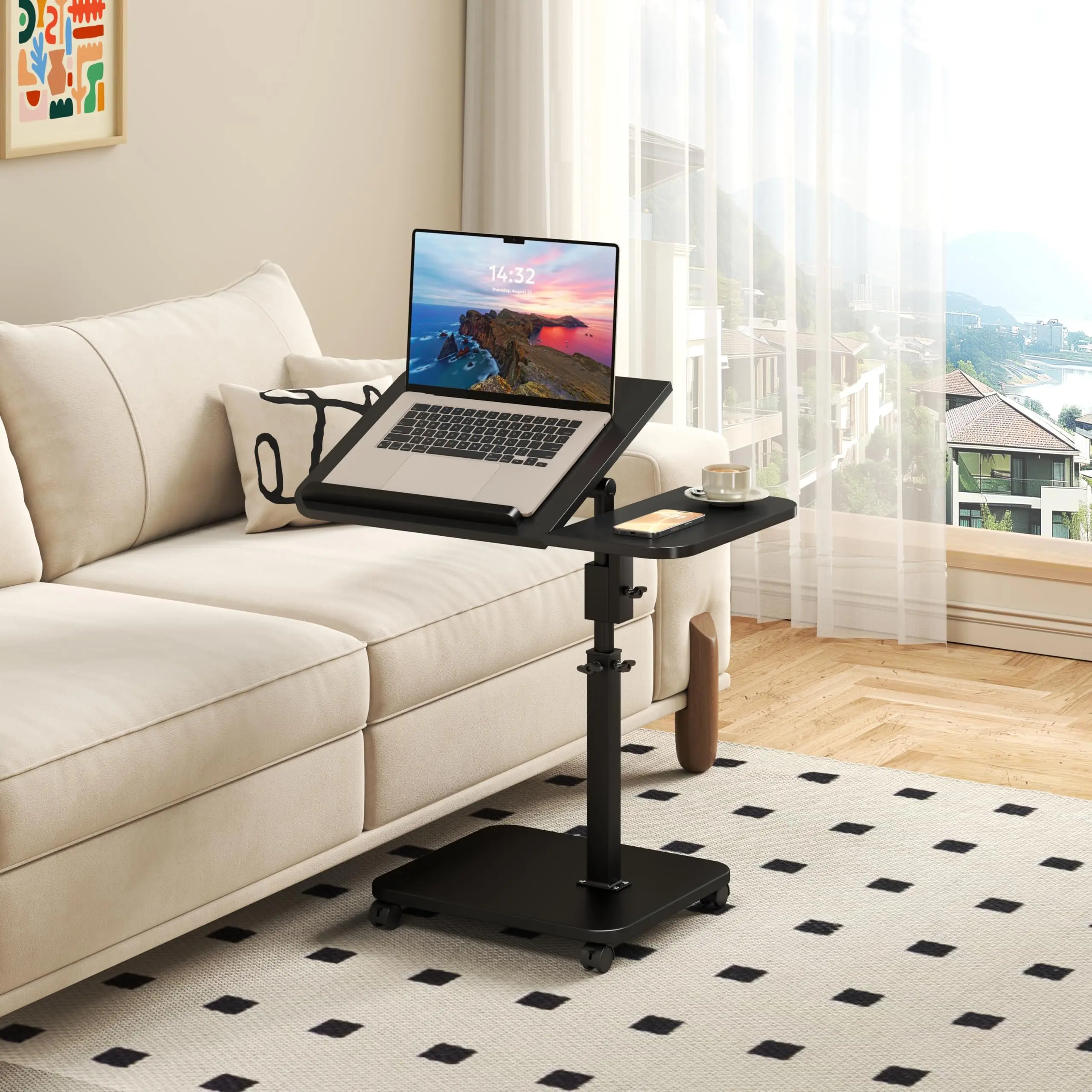 GAOMON Adjustable Height C-Shaped End Table with 180° Swivel Wheels, Modern Home Decor Mobile Tray Table for Sliding Under Sofa, Space-Saving Indoor Furniture for Living Room