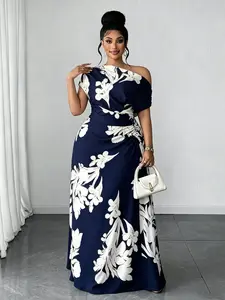 Women's Plus Size Dress, Base Flower Asymmetrical Shoulder, High Waist Fitted Long Dress, Elegant Party Wear, Business Events