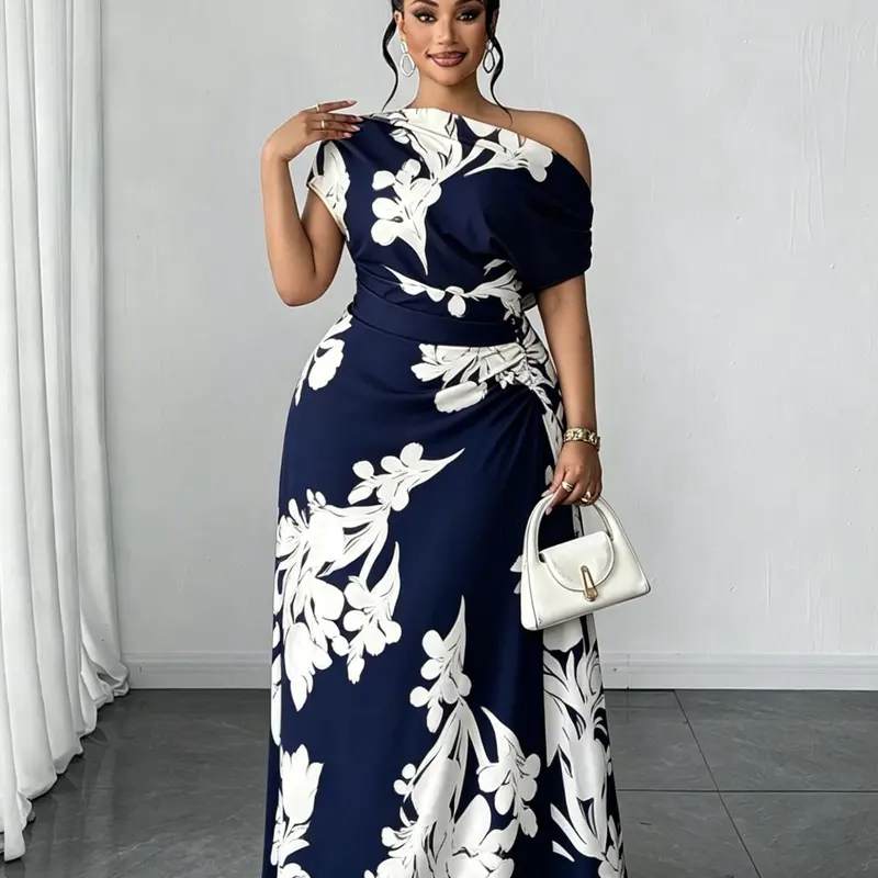 Women's Plus Size Floral Print Dress, Asymmetrical Shoulder High Waist Fitted Long Dress, Elegant Floral Design, Elegant Party & Business Event Wear