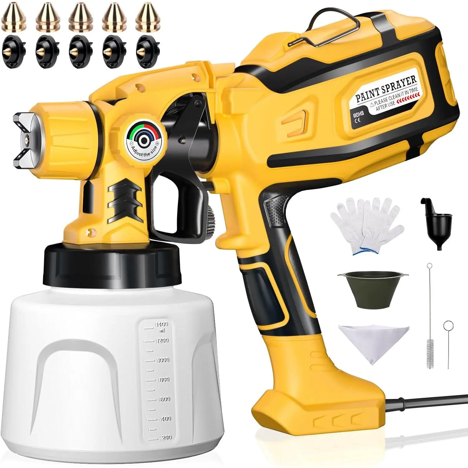 Sprayer, 1200W HVLP Spray Gun with 5 Nozzles & 3 Spray Patterns, Flow, 1400ml Container &, for Painting, Fences, Cabinets, etc.