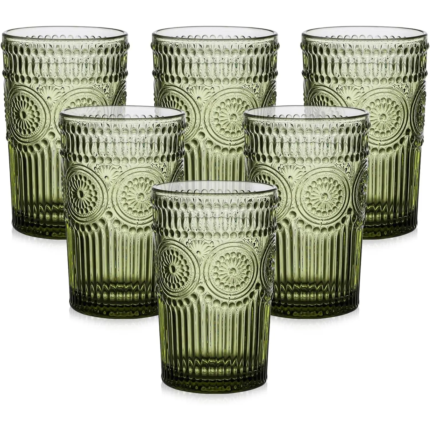Sturdy Vintage 6-Piece 13oz Glassware Set, Green Flower-Embossed Textured Water Tumblers for Water, Cocktails, Multiple Events - Home & Festive Party Drinkware, Flower Emboss