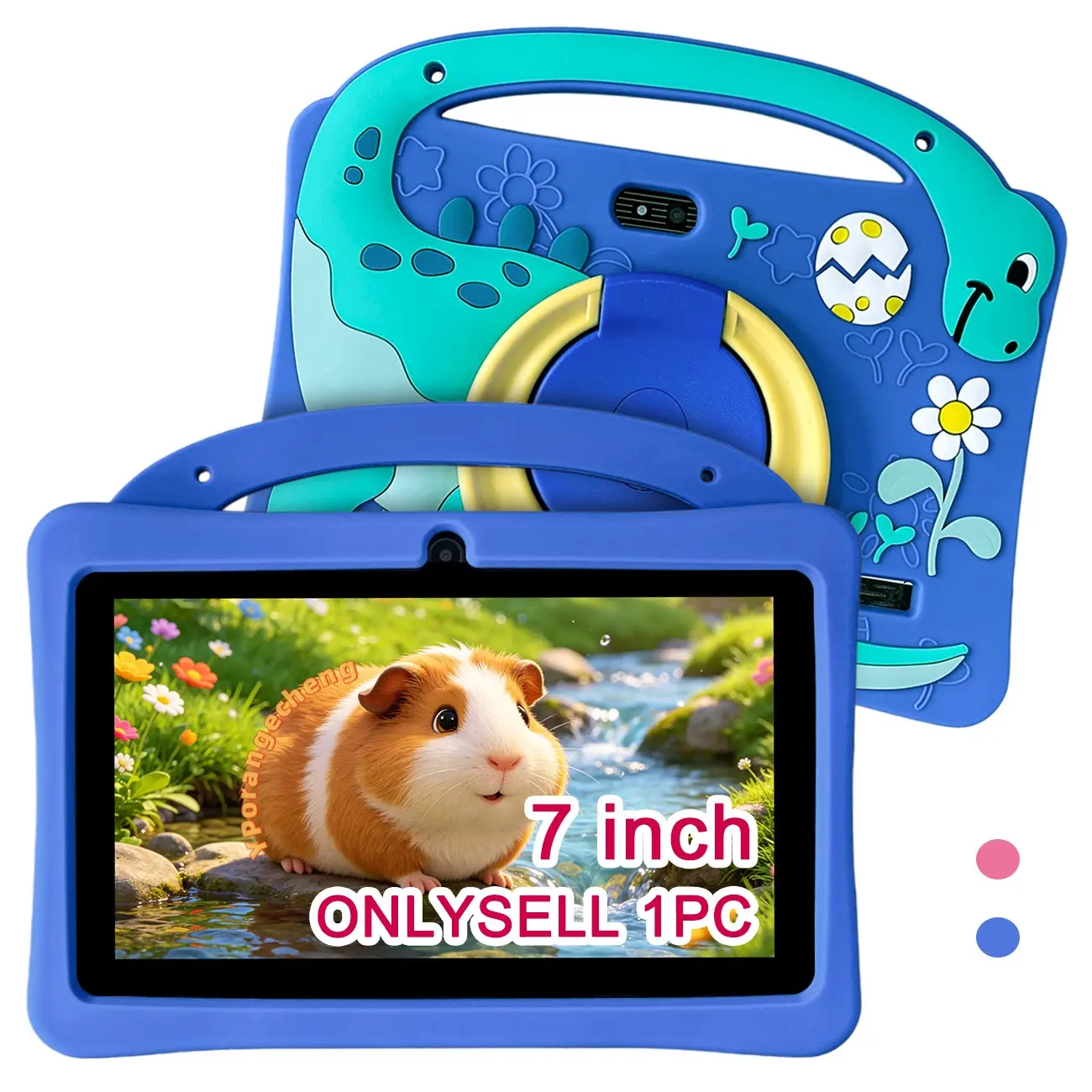 Back to School 7-inch Android kids tablet with Android 12 OS, 2GB+32GB memory, 1024×600 IPS screen, 5G WiFi, Bluetooth & 3000mAh battery, dual cameras, shockproof case and parental control, blue & pink, perfect kids holiday gift, USB cable included, power