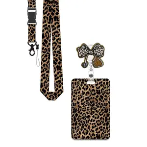Leopard Print Badge Holder Set, Retractable ID Badge Reel with Rotating Clip, Nurse and Teacher Badge Holder, Secure Work ID Card Holder for Office, School and Hospital Use