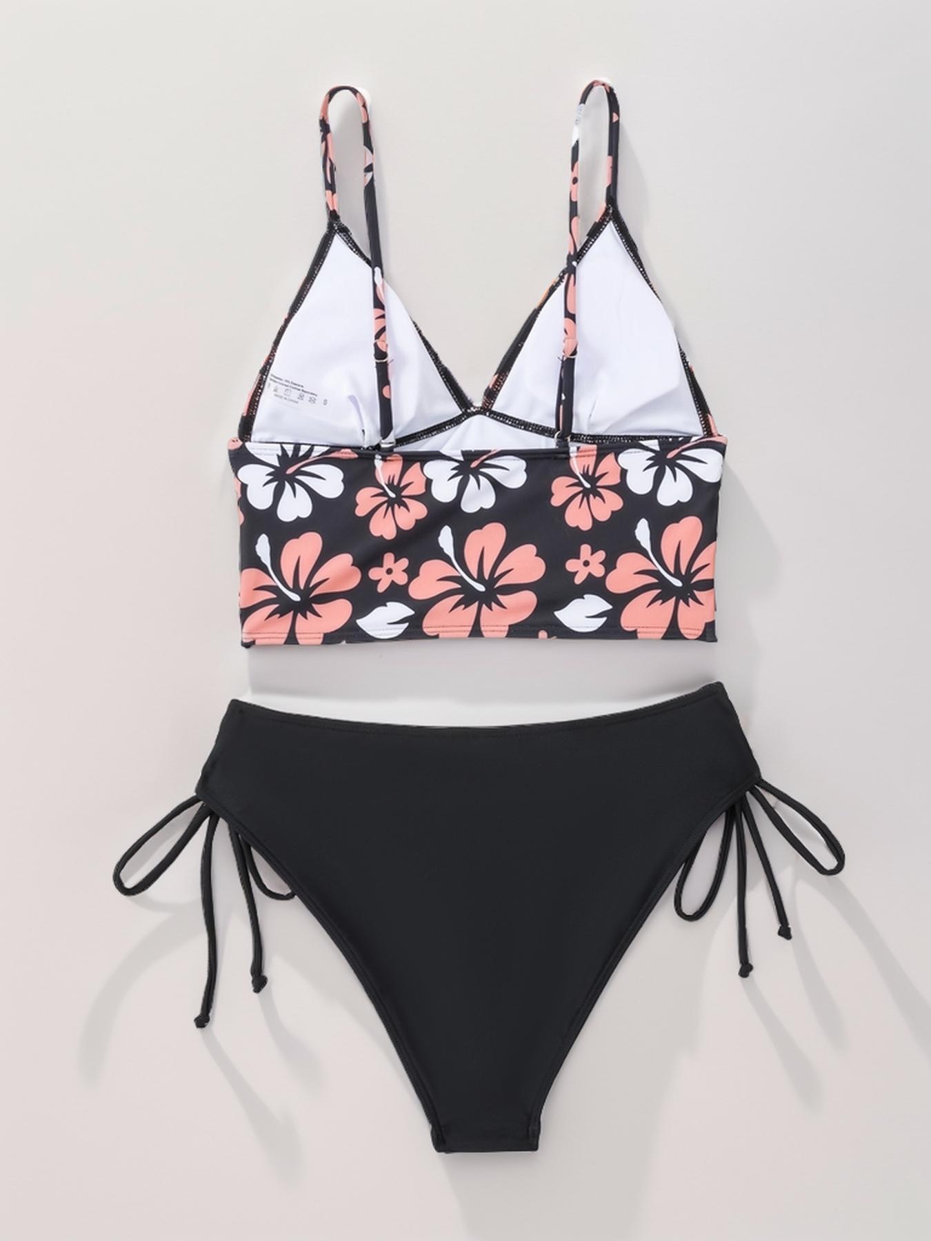 Two-piece Women's Floral Print Bikini Set, Flower Print Bikini, Adjustable Strap Bra & Drawstring High Cut Panty, Ladies Summer Swimwear for Beach Holiday Vacation, Tankini Swimsuits Women