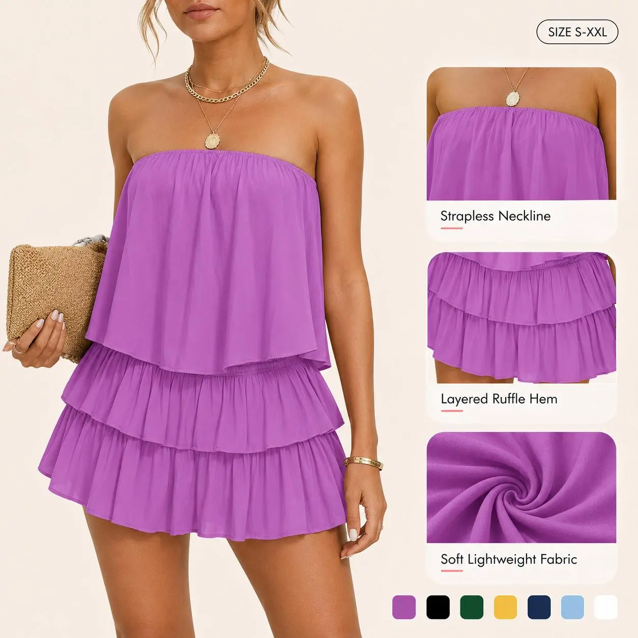 Imily Bela Women Off The Shoulder Romper Flowy Strapless Smocked Jumpsuit Playsuits Dress