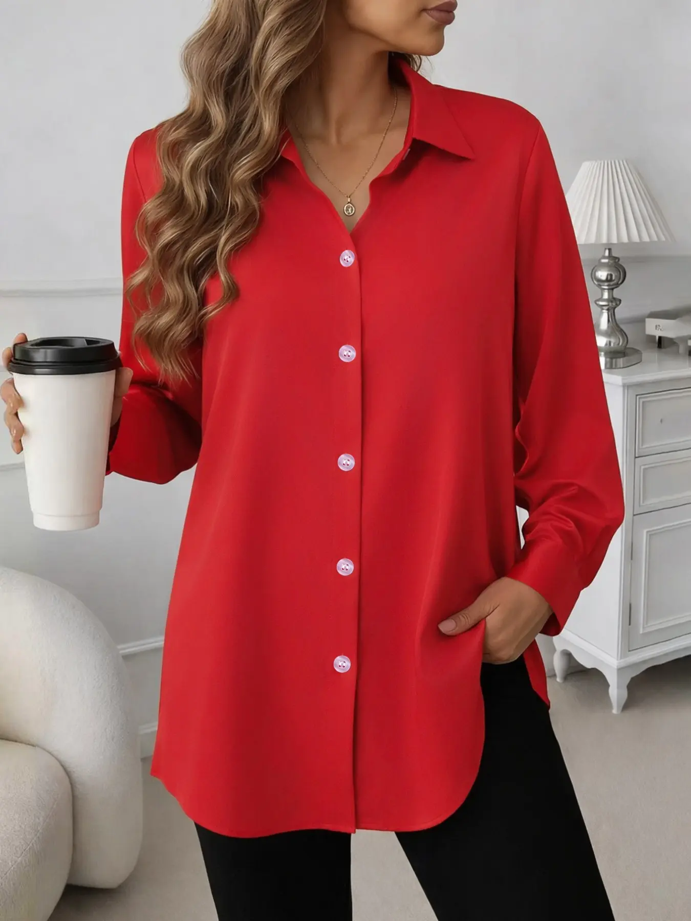 New arrival. Women’s button-up shirt blouses with curved hemline. Casual, four-season top suitable for everyday wear.