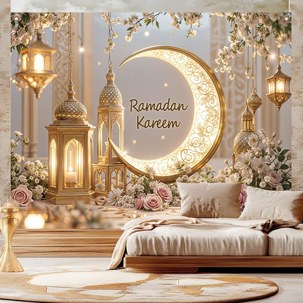 Ramadan Theme Backdrop, 1-Count Elegant Moon & Lantern Pattern Wall Hanging Backdrop, Party Flowers Decoration for Home Living Room and Bedroom
