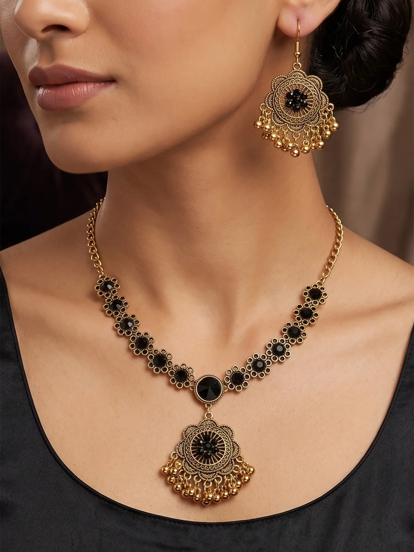 2Pcs Bollywood Indian Style Jewelry Set, Necklaces Earrings Set, Antique Gold Black Rhinestone Statement Choker Necklace, Traditional Jhumka Bead Tassel Drop Earrings, Luxury Goth Tribal Festival Accessories