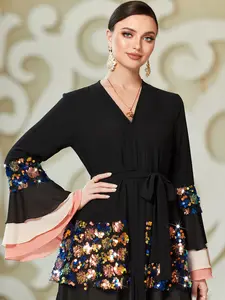 Elegant Rockabilly Robe, Colorful Sequin Embroidered Long Dress, Women's Flared Sleeve Layered Middle Eastern Dubai Party Gown Abaya Modest Muslim Clothing