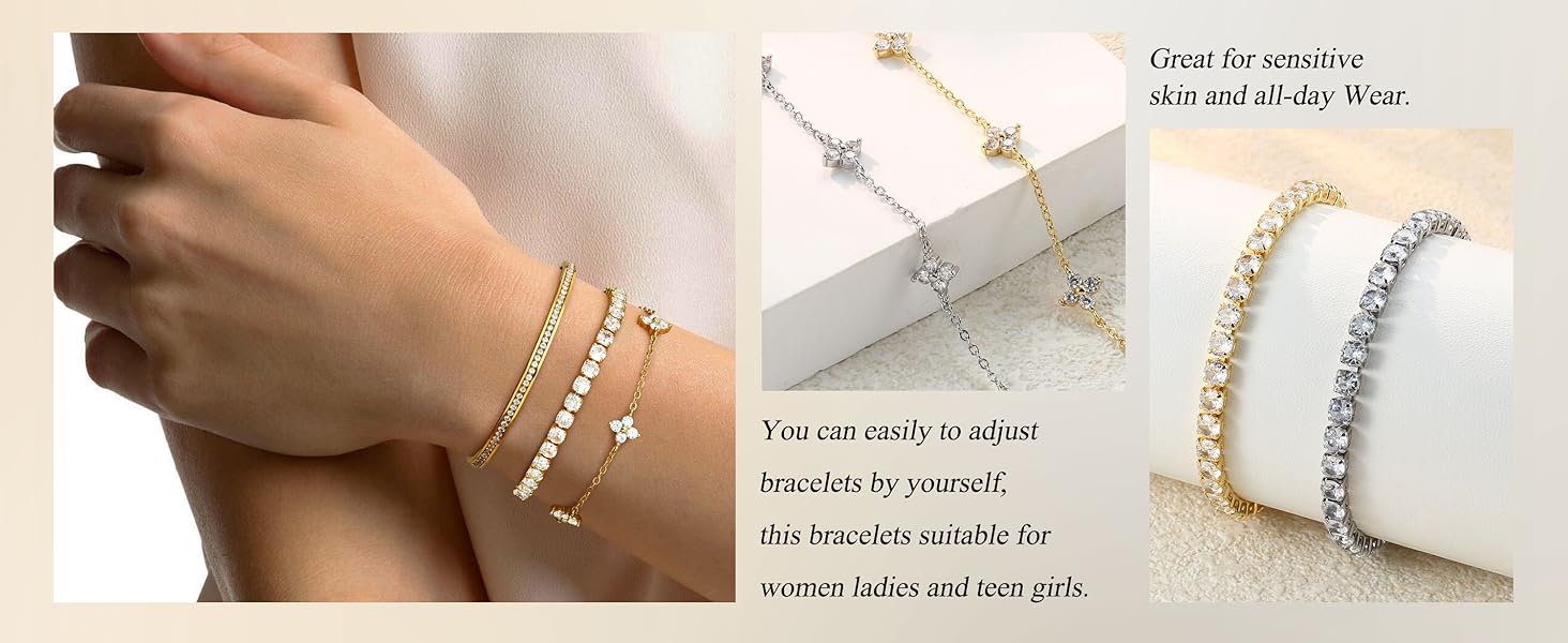 CASSIECA 3PCS Bracelets for Women Silver Gold Stainless Steel Bracelet 14K Gold-Plated Silver Bracelet Stackable Bracelets Women's Gold Jewelry