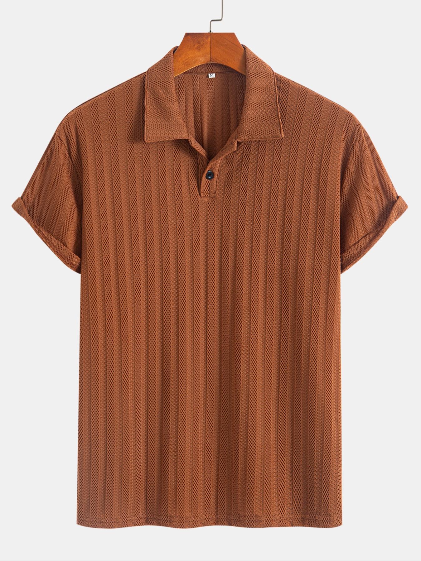 Men's Regular Fit Solid Jacquard Button Textured Polo Shirt, Casual Short Sleeve Polo Top for Summer, Fashion Men's Clothes for Daily Wear