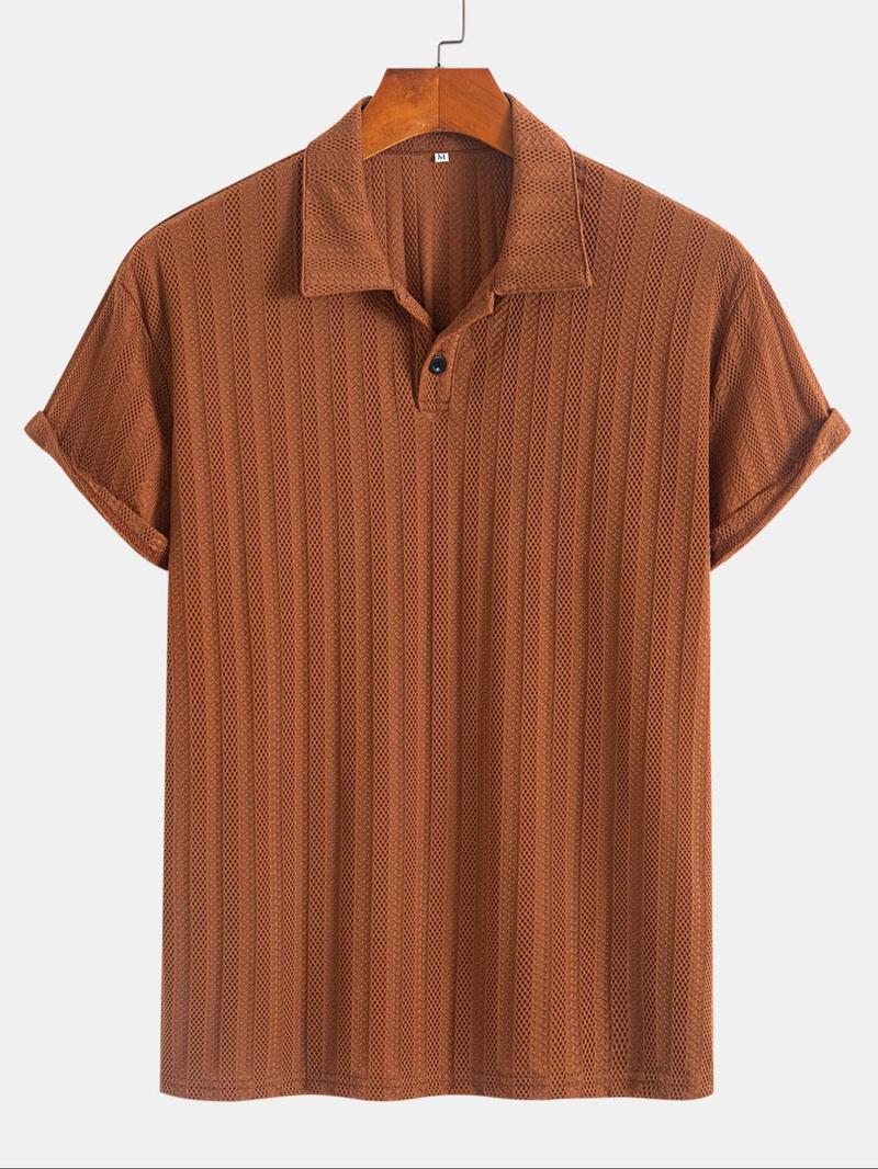 Men's Regular Fit Solid Jacquard Button Textured Polo Shirt, Casual Short Sleeve Polo Top for Summer, Fashion Men's Clothes for Daily Wear