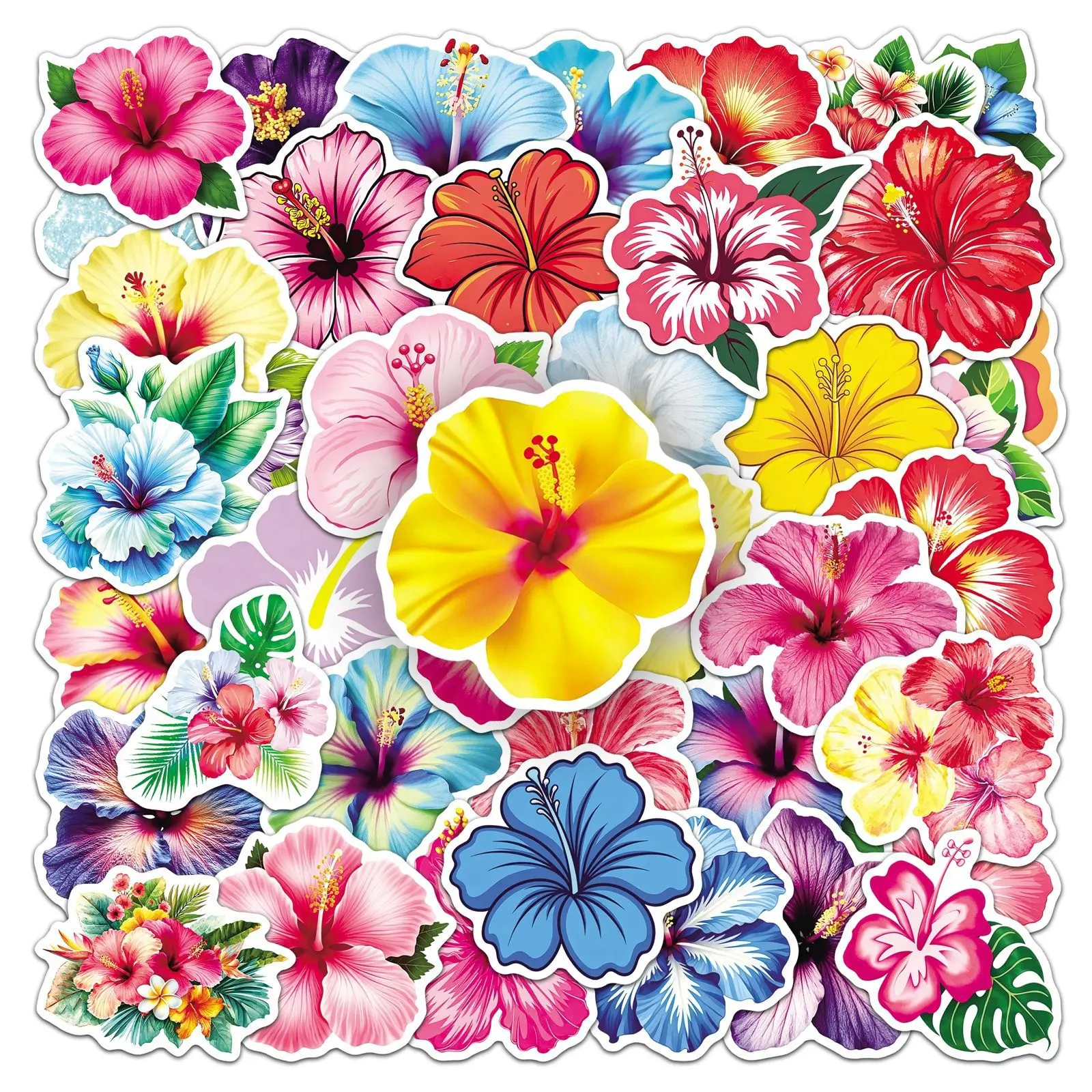 50pcs Tropical Hibiscus Series Stickers, Stationery Supplies Suitable for Scrapbooks, Journals, Laptops, Water Bottles, Cars and More, Creative Birthday Gifts