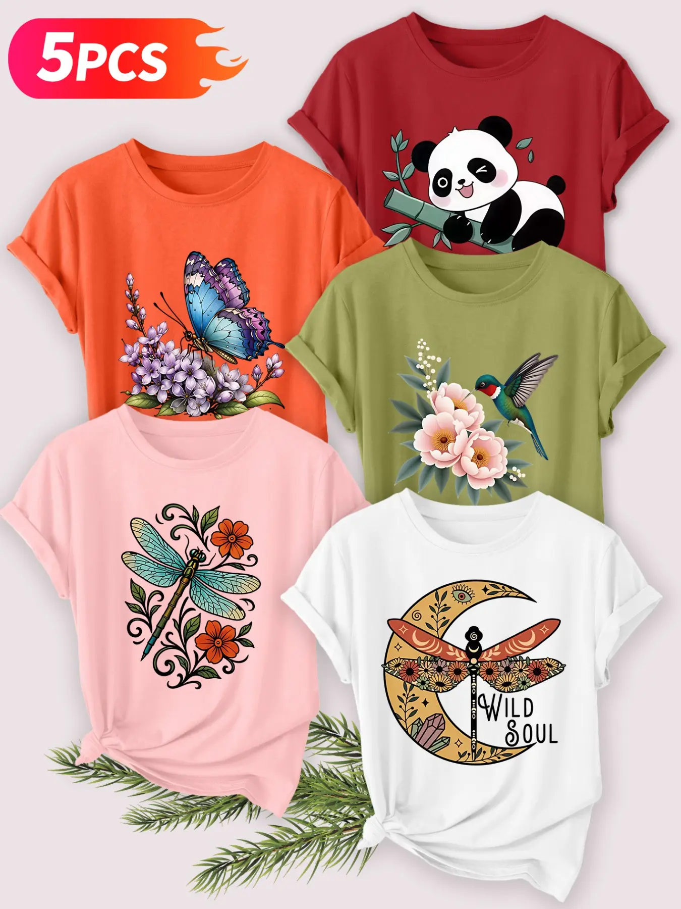 5Pcs Women Crew Tee,Casual,Panda,Butterfly,Hummingbird,Crescent Dragonfly&WILD SOUL Print,multi-color,washable,soft spring summer top