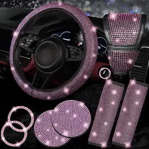 8Pcs Pink Bling Car Accessory Kit, Includes Steering Wheel Cover, Rhinestone Seat Belt Sleeves & Gear Shift Knob Cover, For Most Vehicles