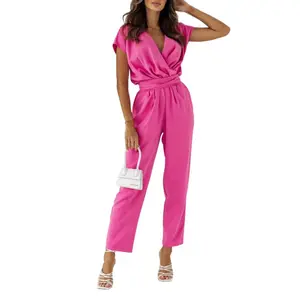 Women's Elegant Linen Solid Short-Sleeve V-Neck Comfortable Overalls, Workwear for Daily Commute & Everyday Use