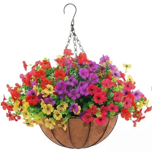 2 sets of artificial outdoor flowers with hanging baskets, 2 hanging flower pots, 35 flowers, suitable for spring-summer front porch garden courtyard home decoration, Hanging Planters