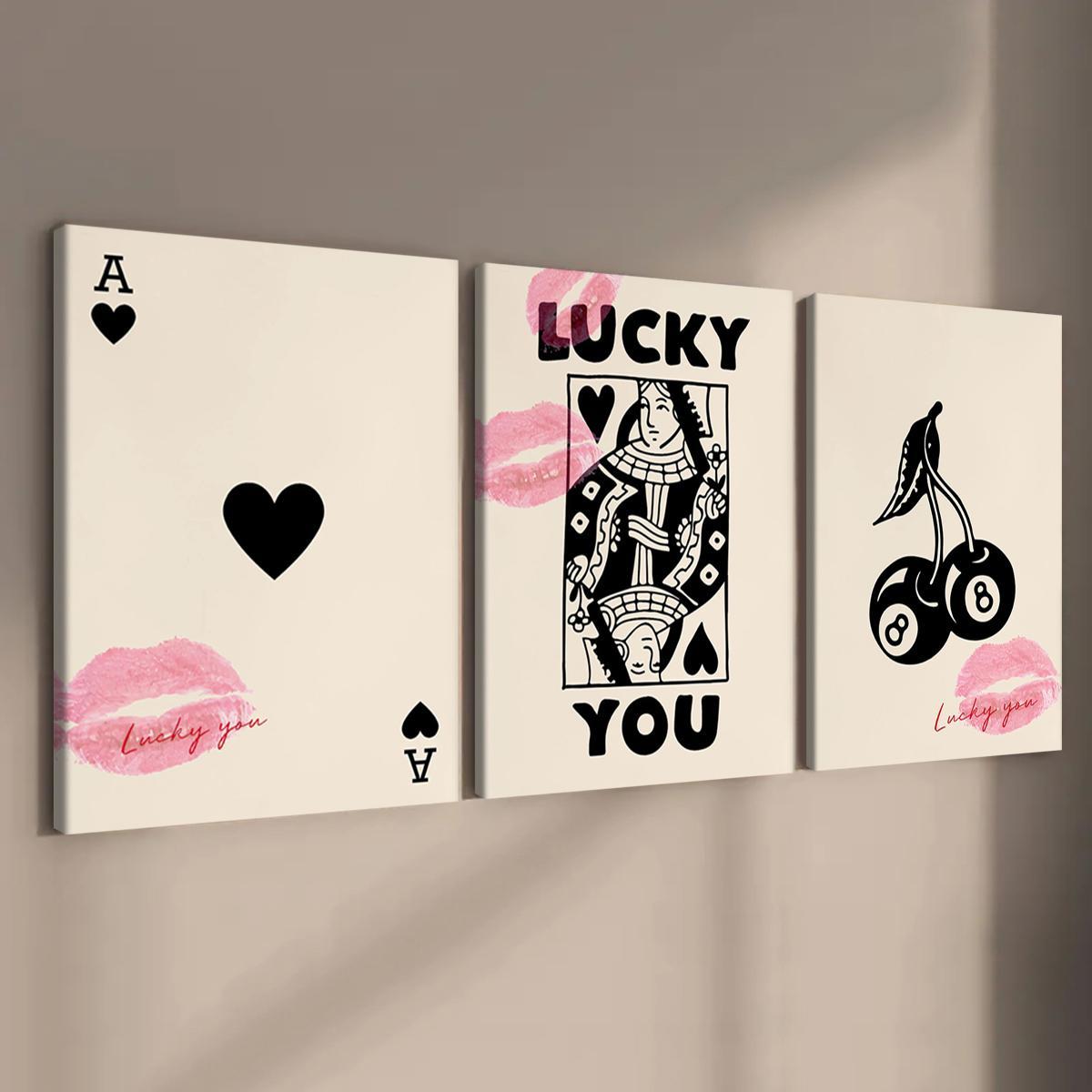 Wooden Framed Canvas Painting, 3 Counts/set Lucky Card Pattern Wall Art, Fashion Art Wall Decor, Modern Art Design, Home Decoration Poster for Living Room, Bedroom