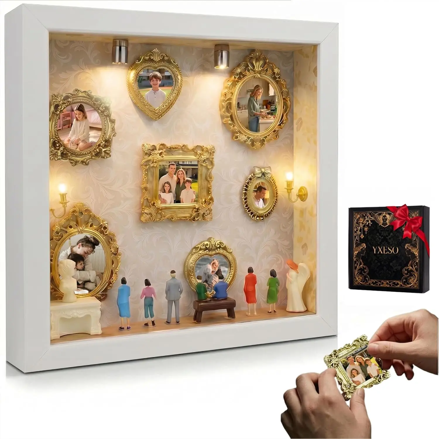 DIY Mini Museum Silhouette Box for Anniversary, Shadow Box Frame with 7 Gold Mini Picture Frames & 8 People Figurines for Valentine's Day Gifts, Birthday, 8.74in