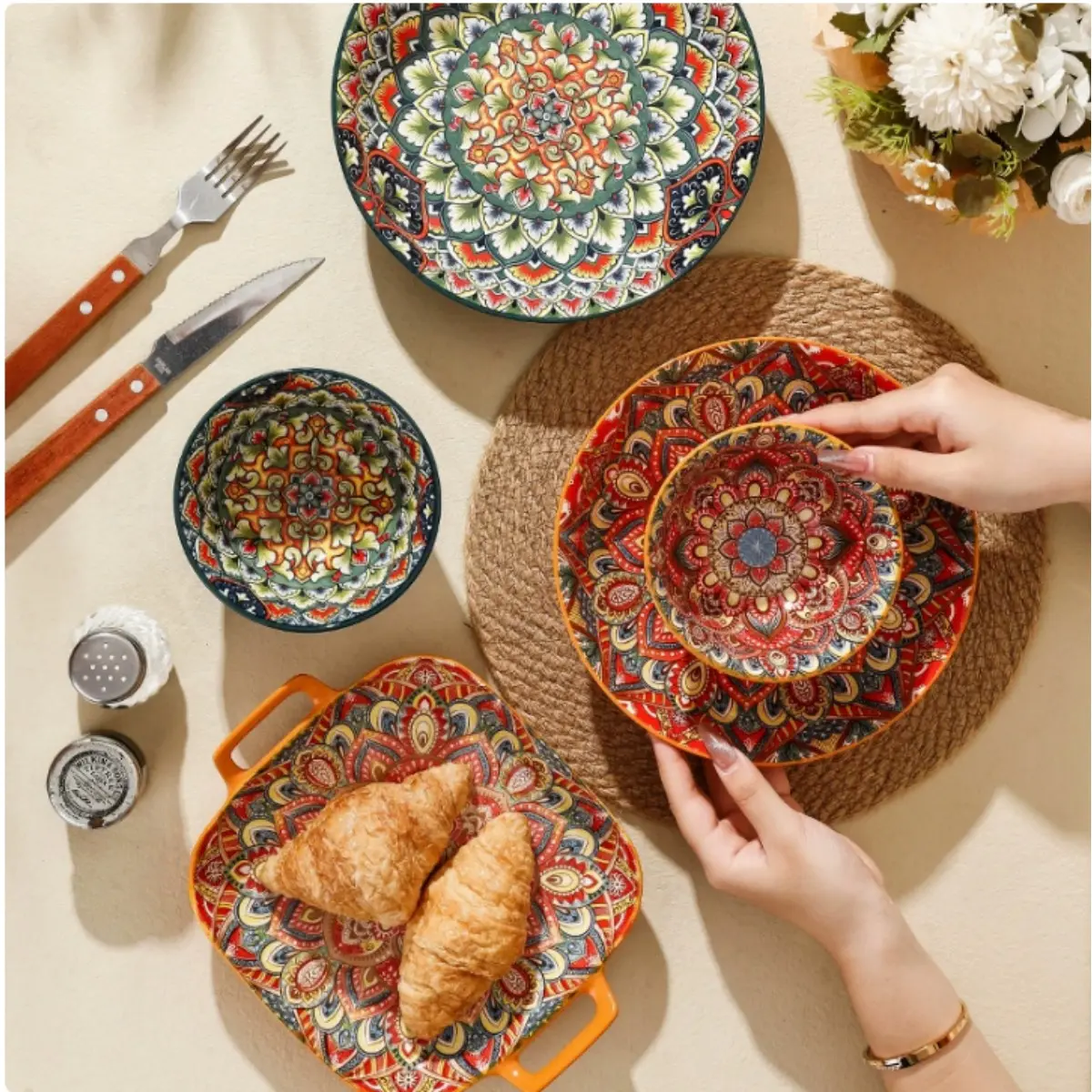 Floral Pattern Ceramic Bowl Set, Ceramic Dinnerware Sets, 3 Counts/set Boho Style Bow, Plates and Bowls Set, Microwave & Dishwasher Safe, Scratch-Resistant, Lead-Free, Space-Saving Stackable Design, Ideal for Daily Use & Gifts
