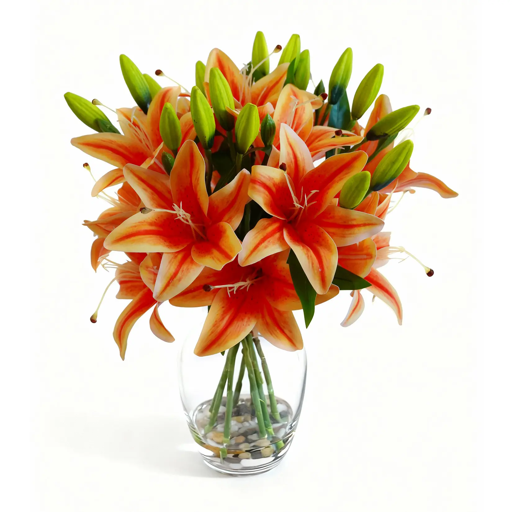 Real Touch Orange Tiger Lily Artificial Flowers in Vase with Faux Water, Lifelike Faux Floral Arrangement for Home Office Birthday Anniversary Decor