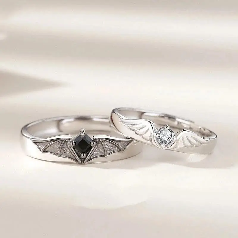Luxury Crystal Angel Demon Couple Rings for Women Men Romantic Fashion Wings Design Adjustable Engagement Ring Wedding Jewelry