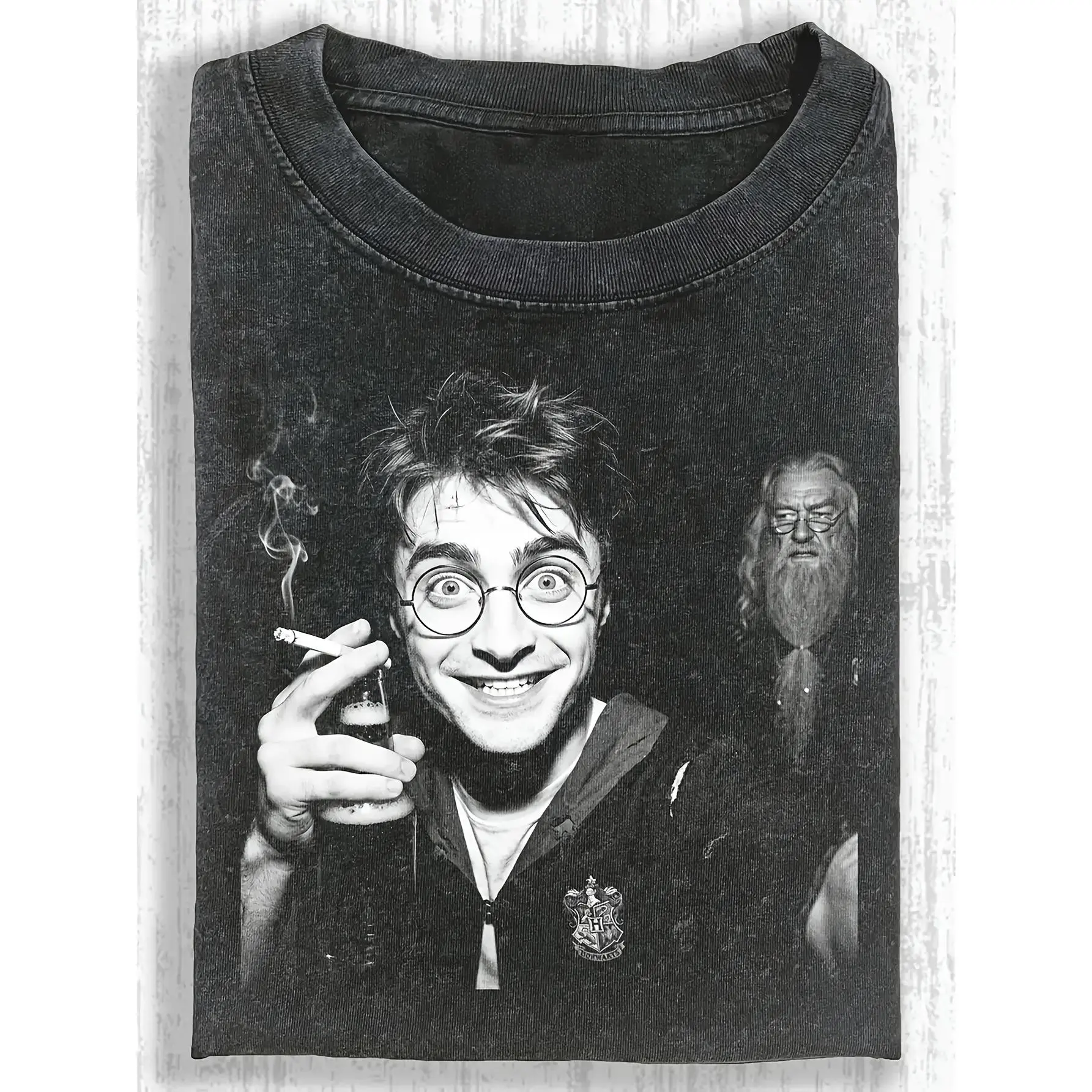 Men's Graphic T-Shirt, Casual Dumbledore Print Vintage Washed 100% Cotton Short Sleeve Regular Fit Crew Neck Top, Shortsleeve, Fabric