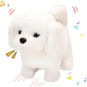 Walking Dog Bichon Interactive Electronic Pet Plush Toy Puppy Woof and Moving Animated Nodding Head Gifts  Toddlers Birthday, White, 7''