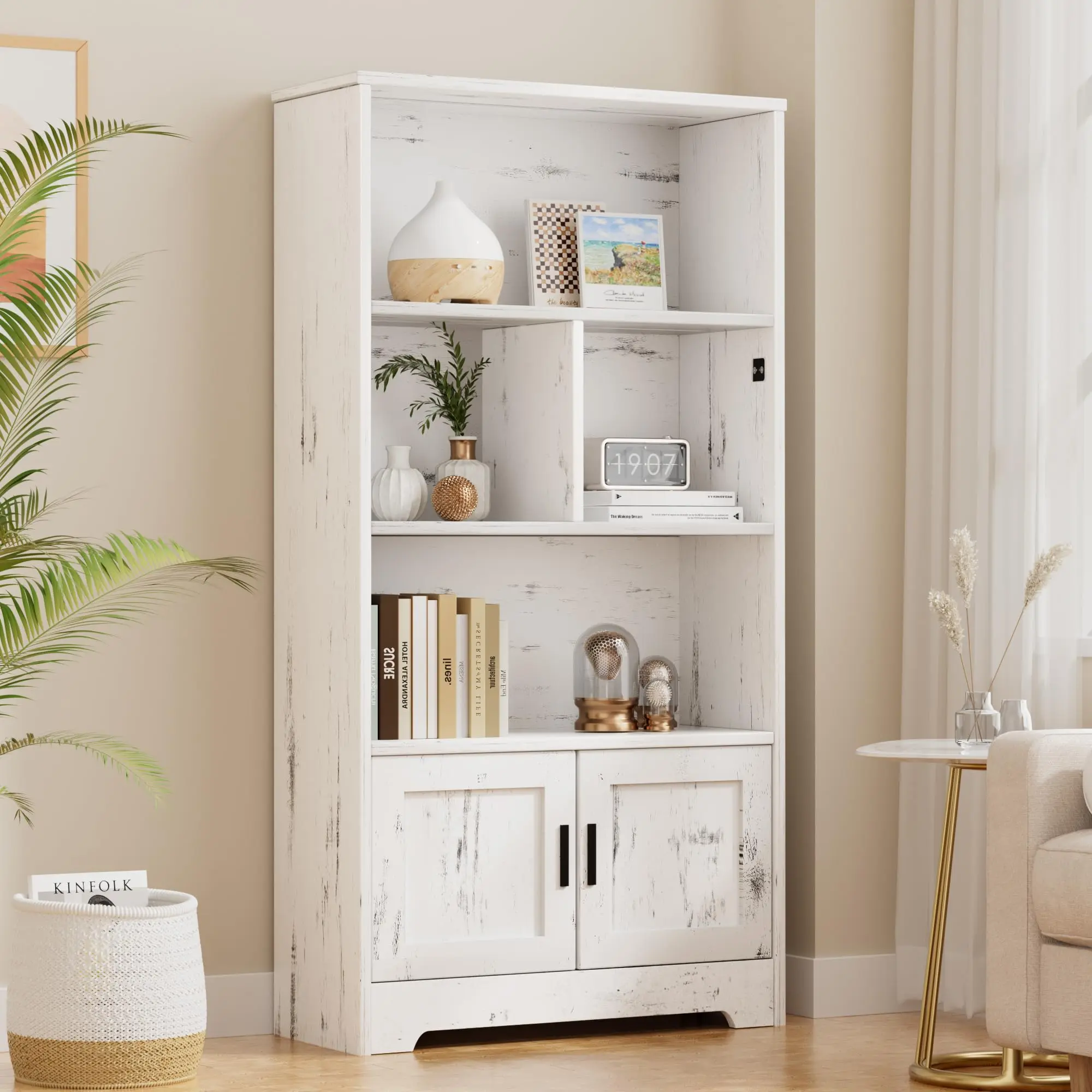 Garvee White Bookshelf with LED Lights Farmhouse Bookcase with Doors Modern Storage Rack 3 Shelf Standing Bookshelves Wooden Display Shelf Unique Book Shelf for Bedroom, Living Room, Home Office