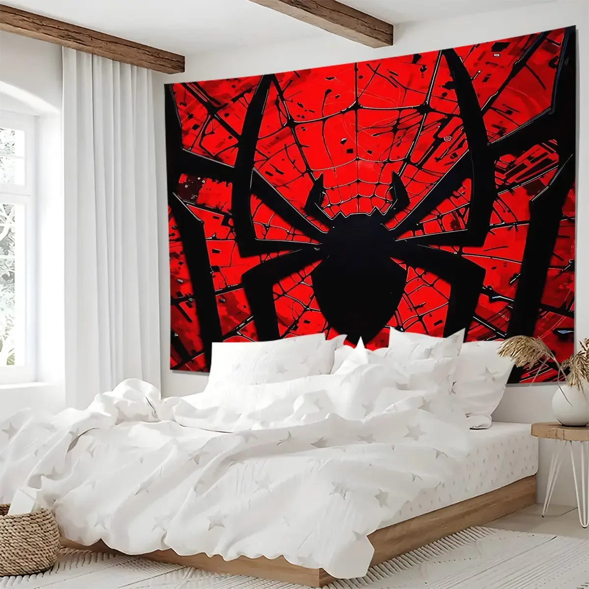 Rectangular Red Black Spider Silhouette Spiderweb Tapestry (5ft x 3ft/60in x 40in) - Peach Skin Fabric Wall Decor, Bold Graphic Wall Hanging, Tapestry for Bedroom, Photo Backdrop Home Decor Gift