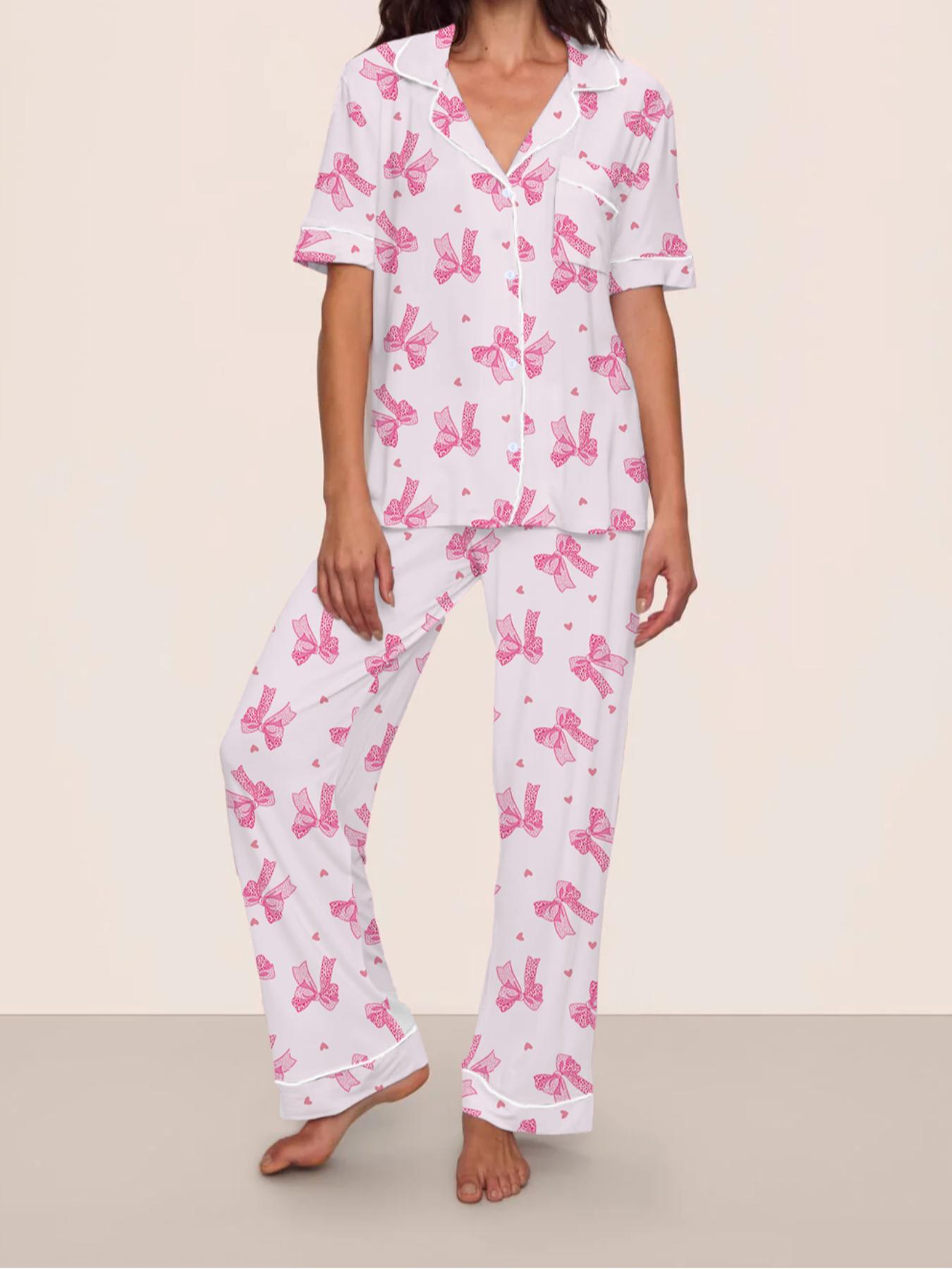 Women's Leopard Print Fitted Pajama Set with Bow Tie, Short Sleeve Shirt and Long Pants for All Seasons, Comfortable Casual Sleepwear
